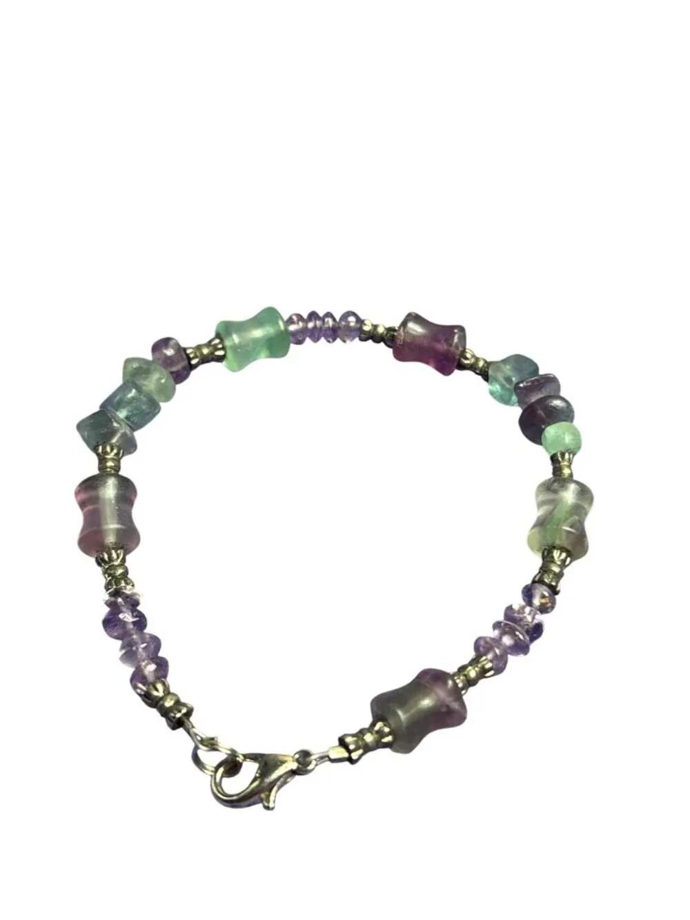 Green Purple Clear Glass Beaded Bracelet Silvertone 7.25 inches Long